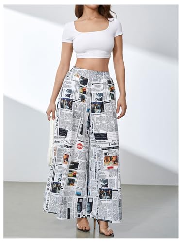 WDIRARA Women's Newspaper Print Wide Leg Pants Elastic Waist Loose
